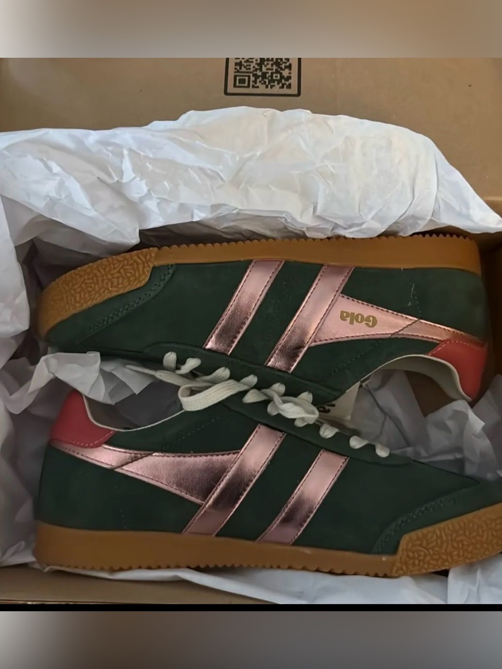 Gola Green Suede Sneakers with Metallic Pink Stripes and Gum Sole